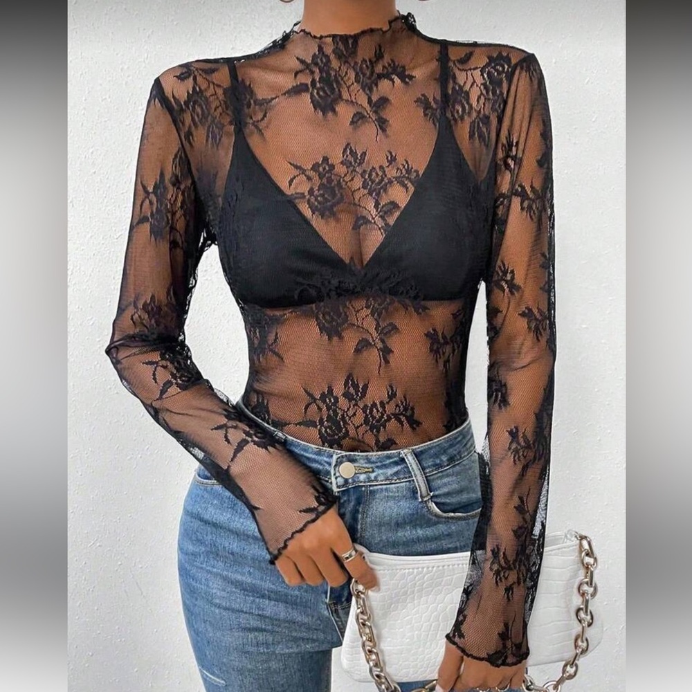 Completely Sheer floral lace long sleeve tee black lettuce trim edge mockneck - Picture 2 of 8